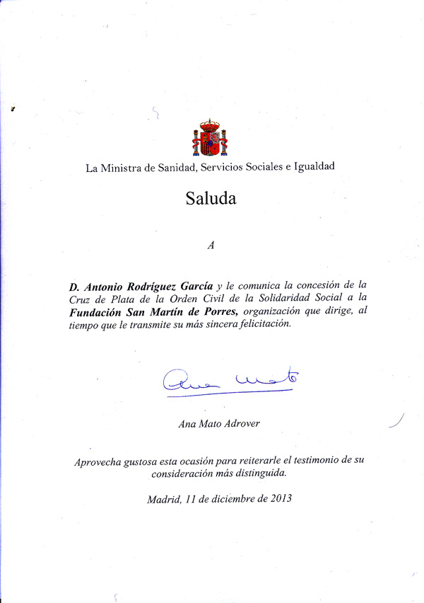 Medalla plata Solidaridad. Fundación San Martín de Porres